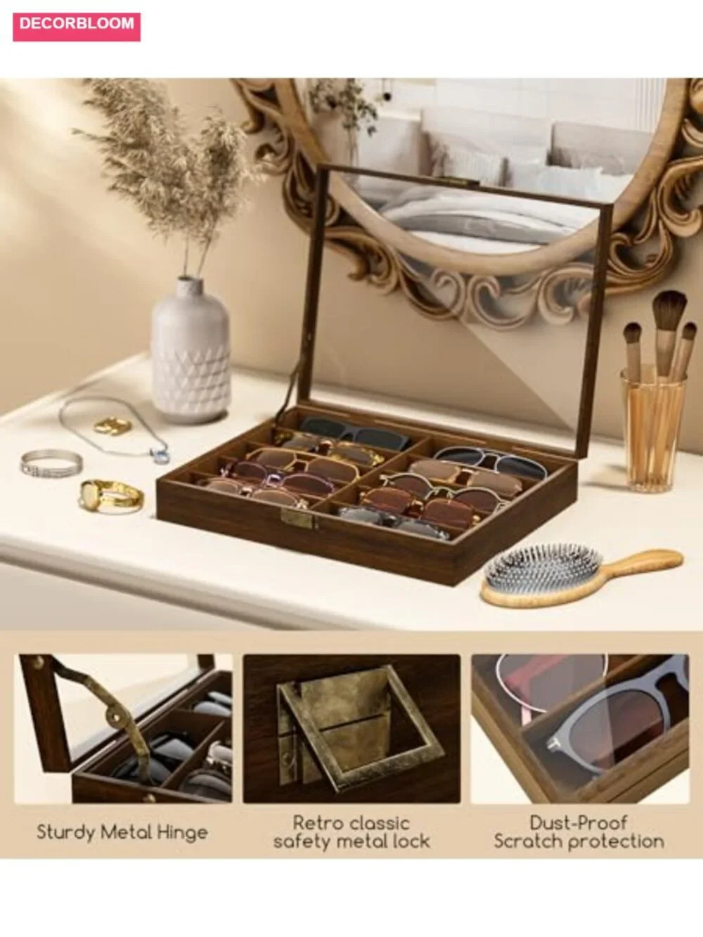 10-Slot Wooden Sunglass Organizer Case with Glass Top